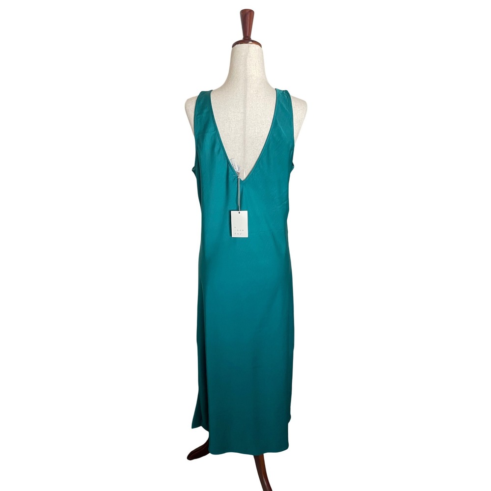 NWT Y2K Babydoll Satin Maxi Slip Dress Green Side Slit Medium Event Formal Chic - Picture 6 of 8